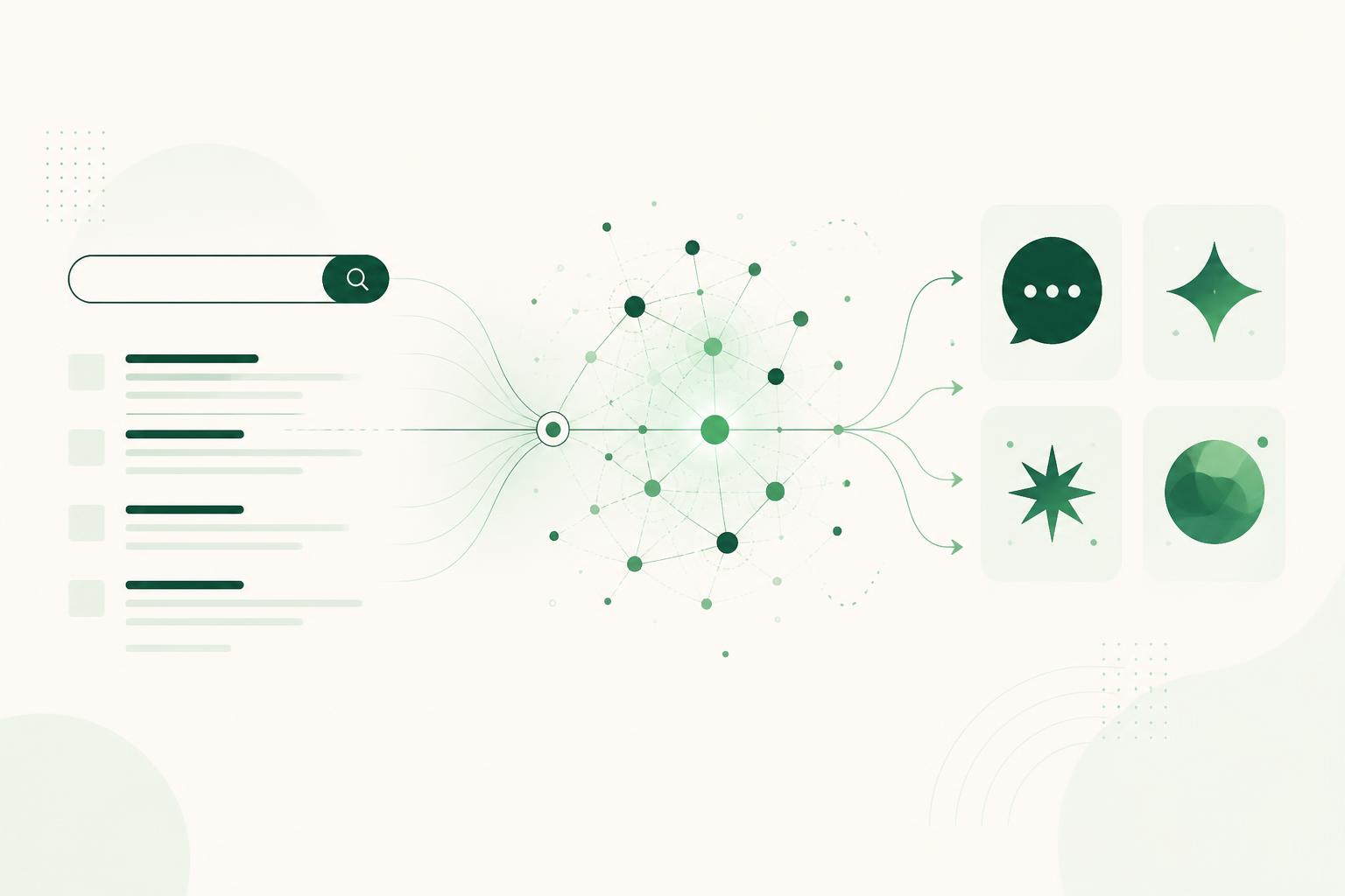 Abstrakte Darstellung des Wandels von der klassischen Google-Suche über ein Datennetzwerk hin zu KI-Assistenten wie ChatGPT, Gemini, Claude und Perplexity.