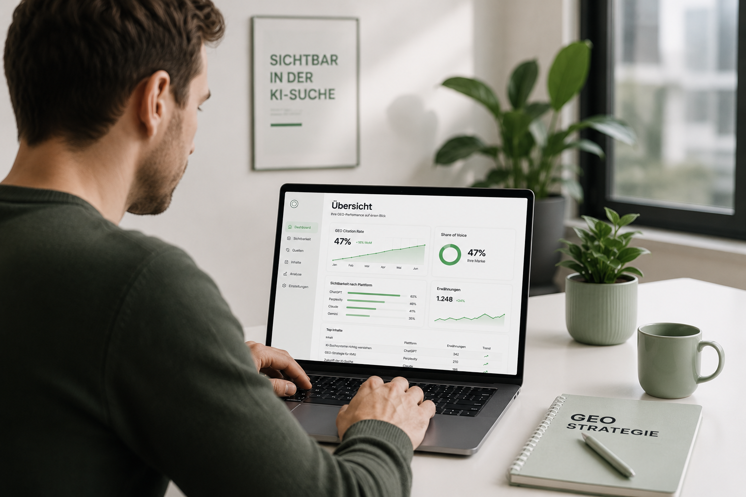 GEO-Dashboard der AI Infusion Agentur München: Visualisierung der KI-Sichtbarkeit eines Unternehmens in ChatGPT, Perplexity, Claude und Gemini