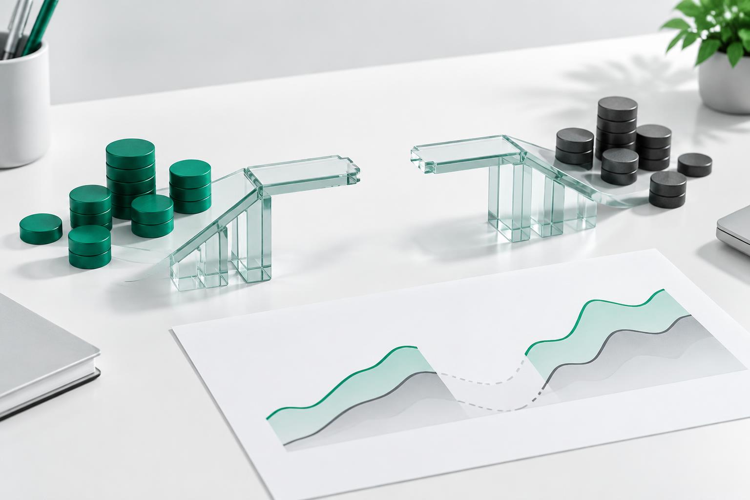 Transparente Brücke mit einer Lücke zwischen grünen und dunklen Datenmarkern sowie unterbrochene Diagrammlinien als Symbol für Attributionslücken im KI-Traffic-Reporting.