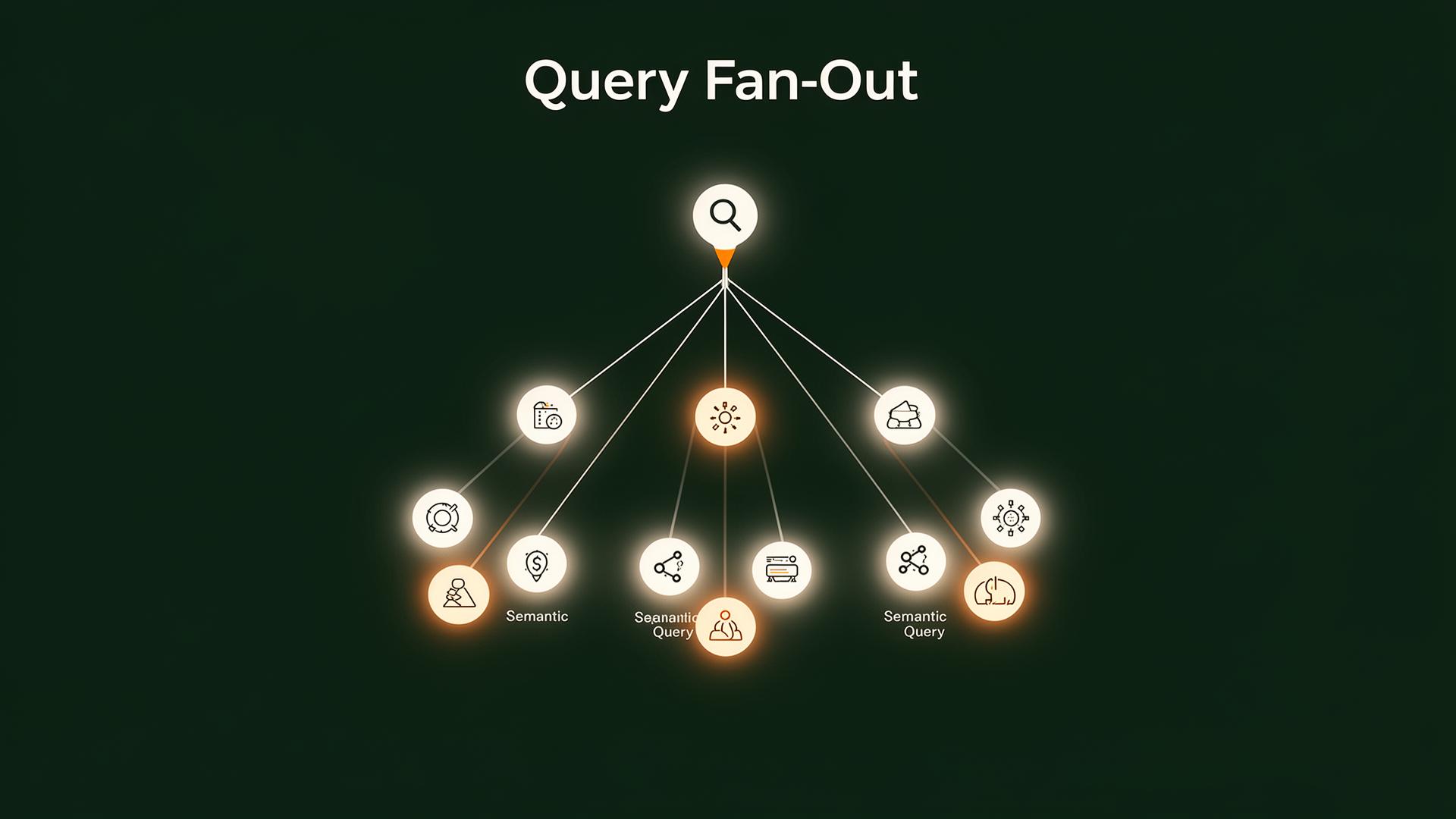 Visualisierung des Query-Fan-out-Mechanismus: Eine Suchanfrage wird in mehrere semantische Subqueries aufgefächert.