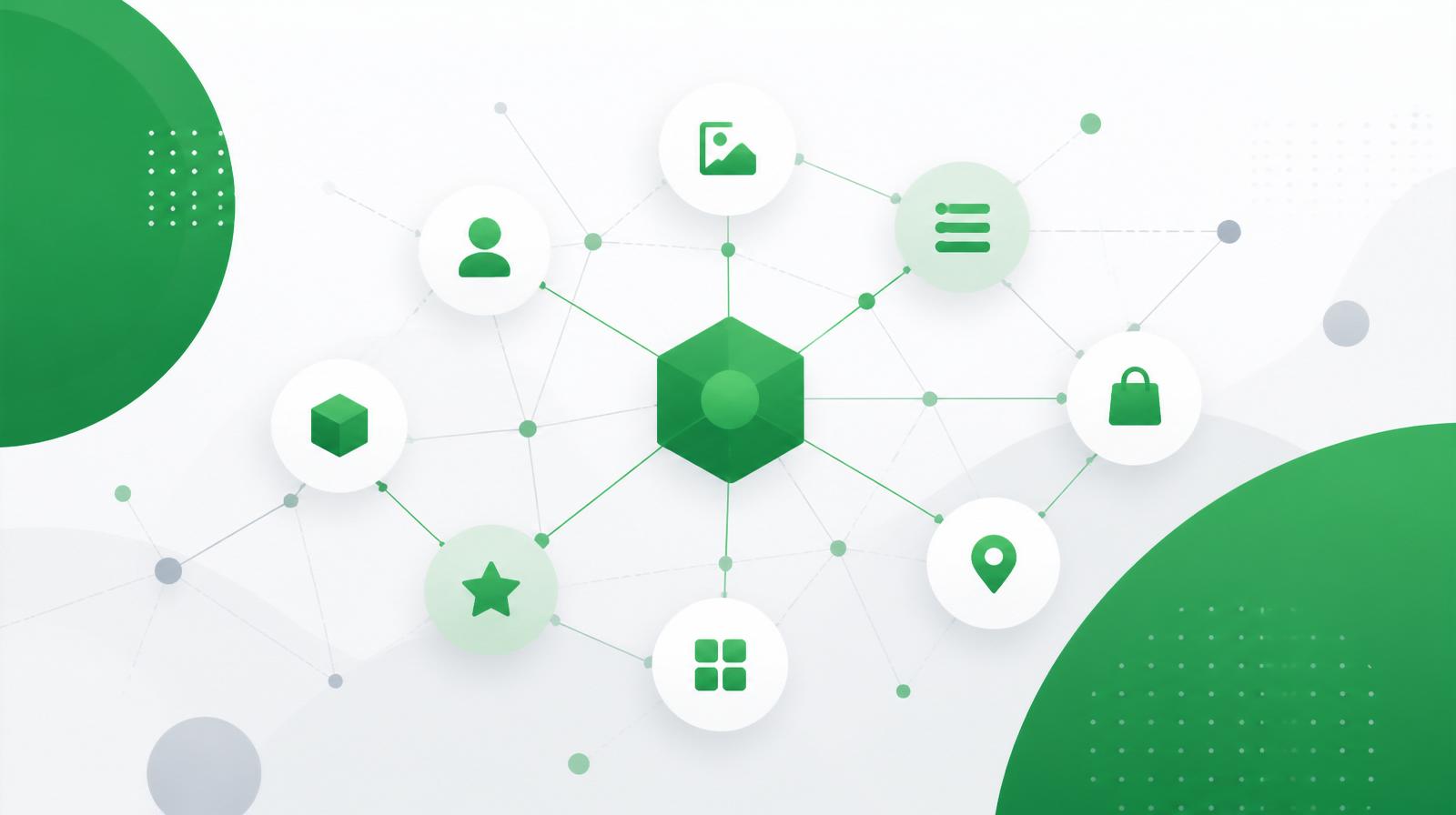 Abstrakte Illustration eines vernetzten Datengraphen mit Icons — symbolisch für Schema.org und JSON-LD in der KI-Suche.