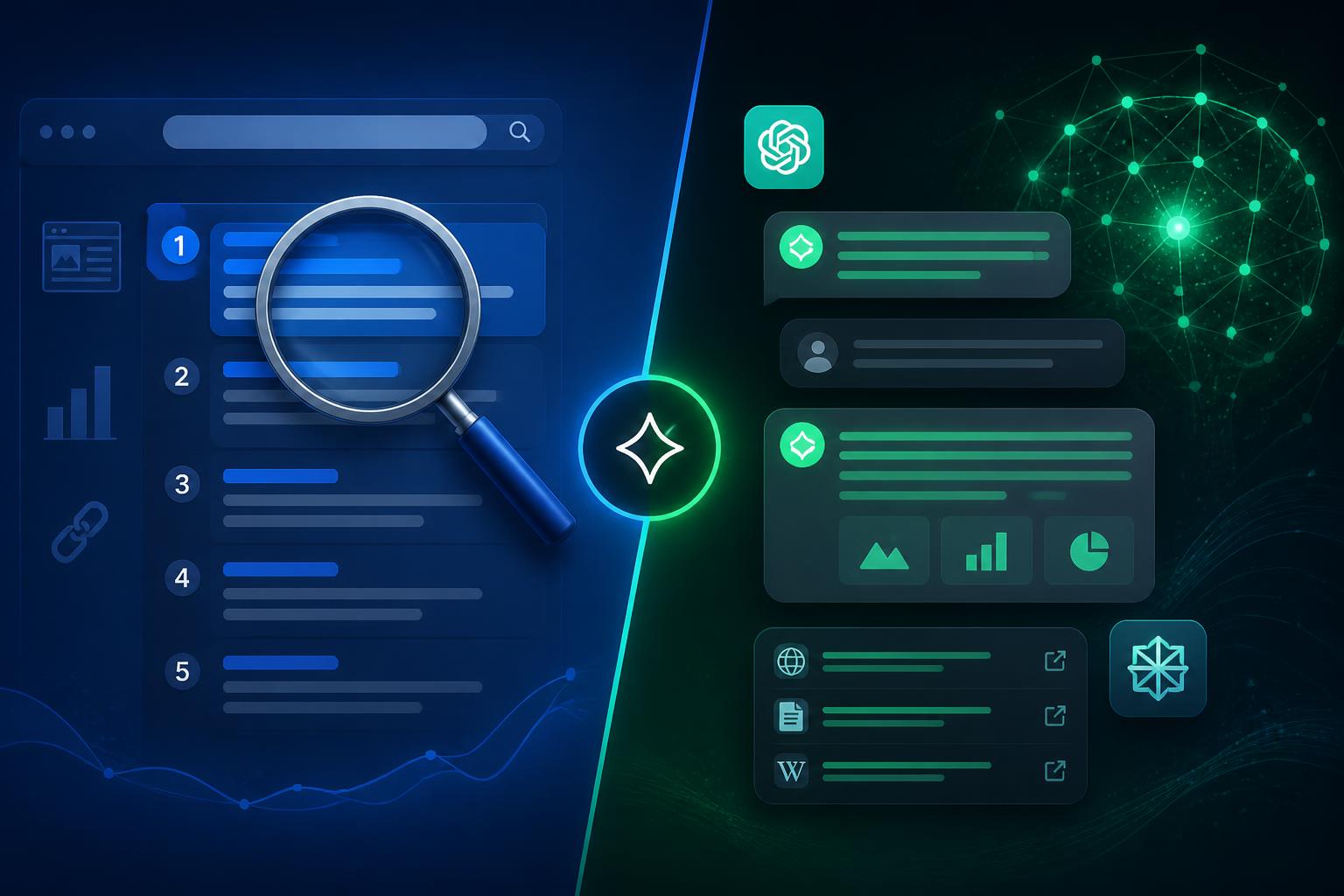 Split-Screen-Illustration: Klassische Google-Suchergebnisse links vs. KI-Chat-Interface mit ChatGPT, Perplexity und Google AI Overviews rechts — SEO versus GEO.